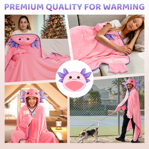 Mewaii axolotl blanket hoodie in use demonstrates hands-free warmth