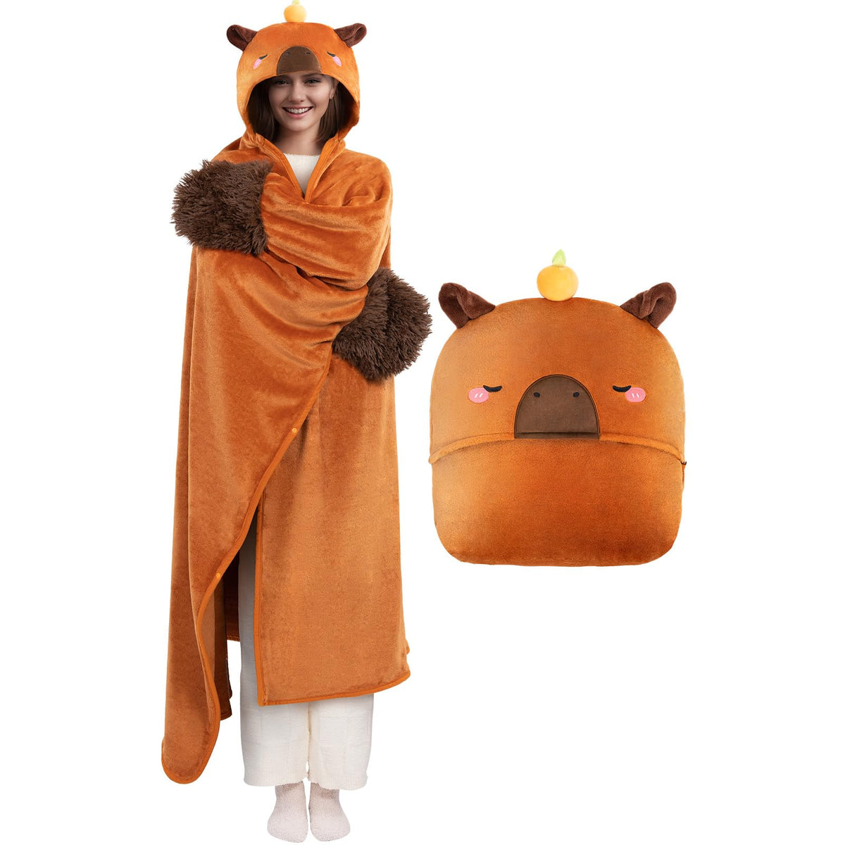 Mewaii capybara wearable blanket hoodie offers full-coverage warmth for cozy lounging.