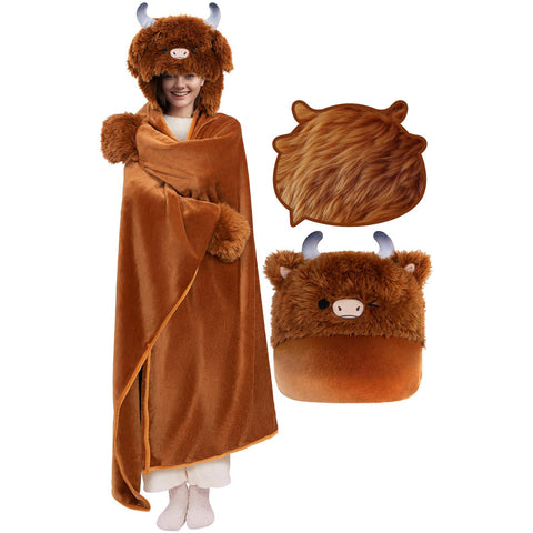 Mewaii Highland Cow wearable blanket hoodie shows plush flannel for cozy lounging.