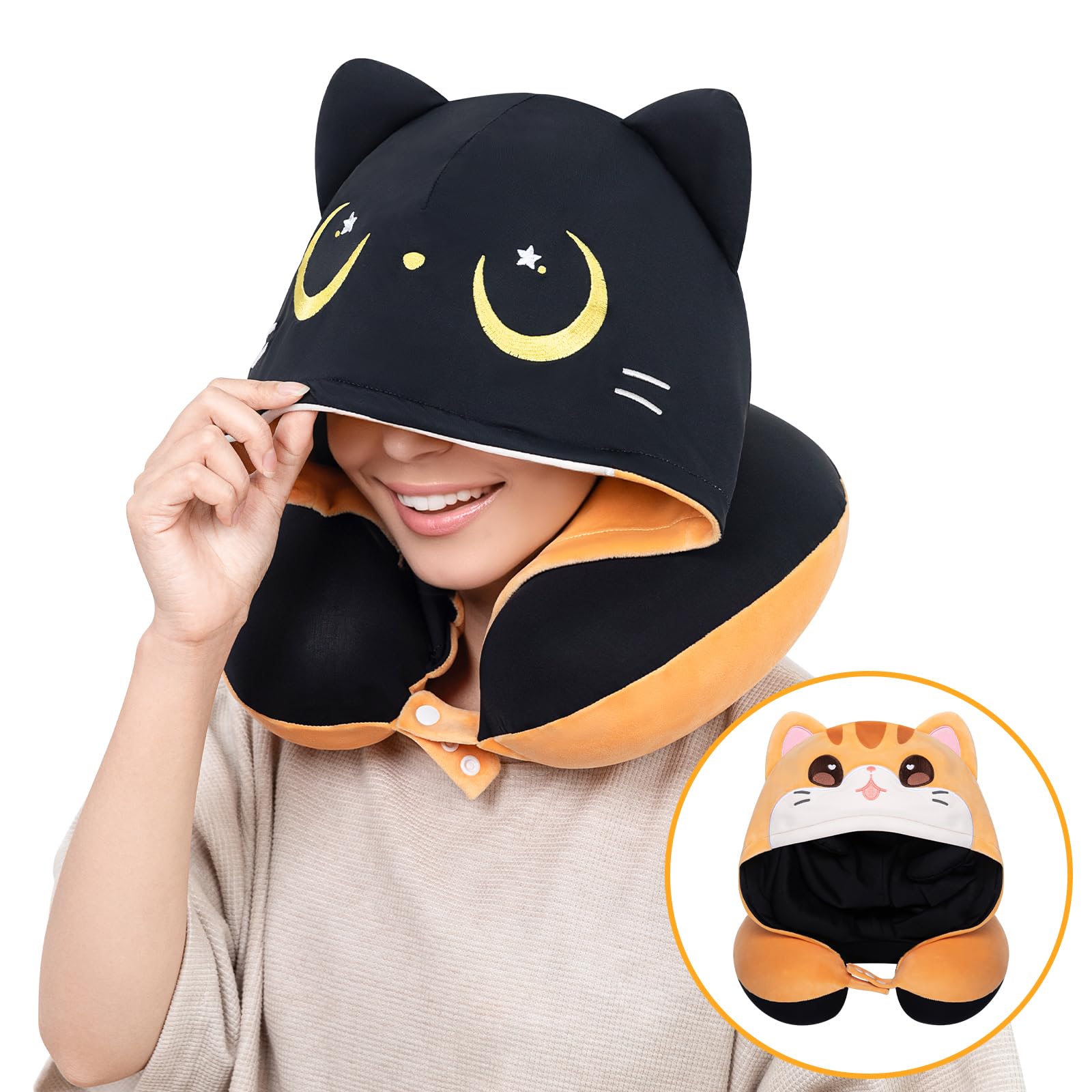 Mewaii kids travel neck pillow hood provides cozy head support on flights.