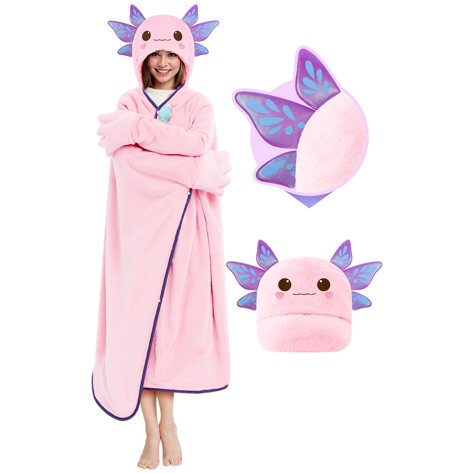 Mewaii wearable axolotl hoodie closeup shows plush sherpa and cozy flannel