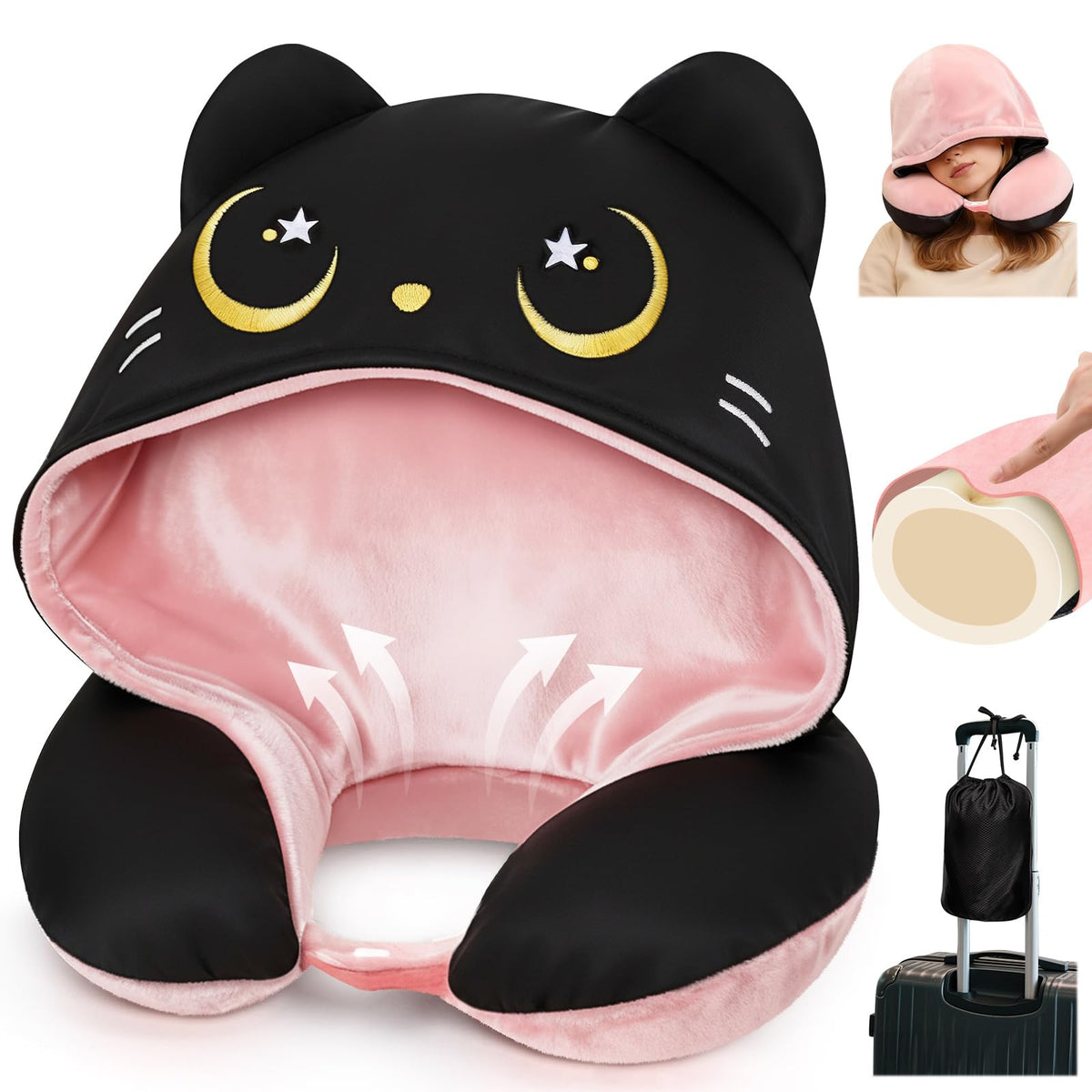 Mewaii travel pillow with hood blocks cabin light for a cozy, private resting space.