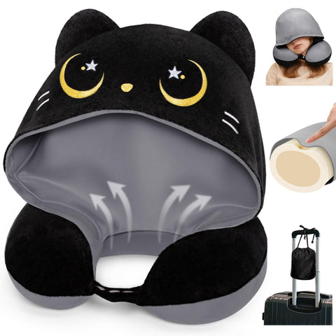Mewaii travel neck pillow with hood blocks cabin light for focused rest