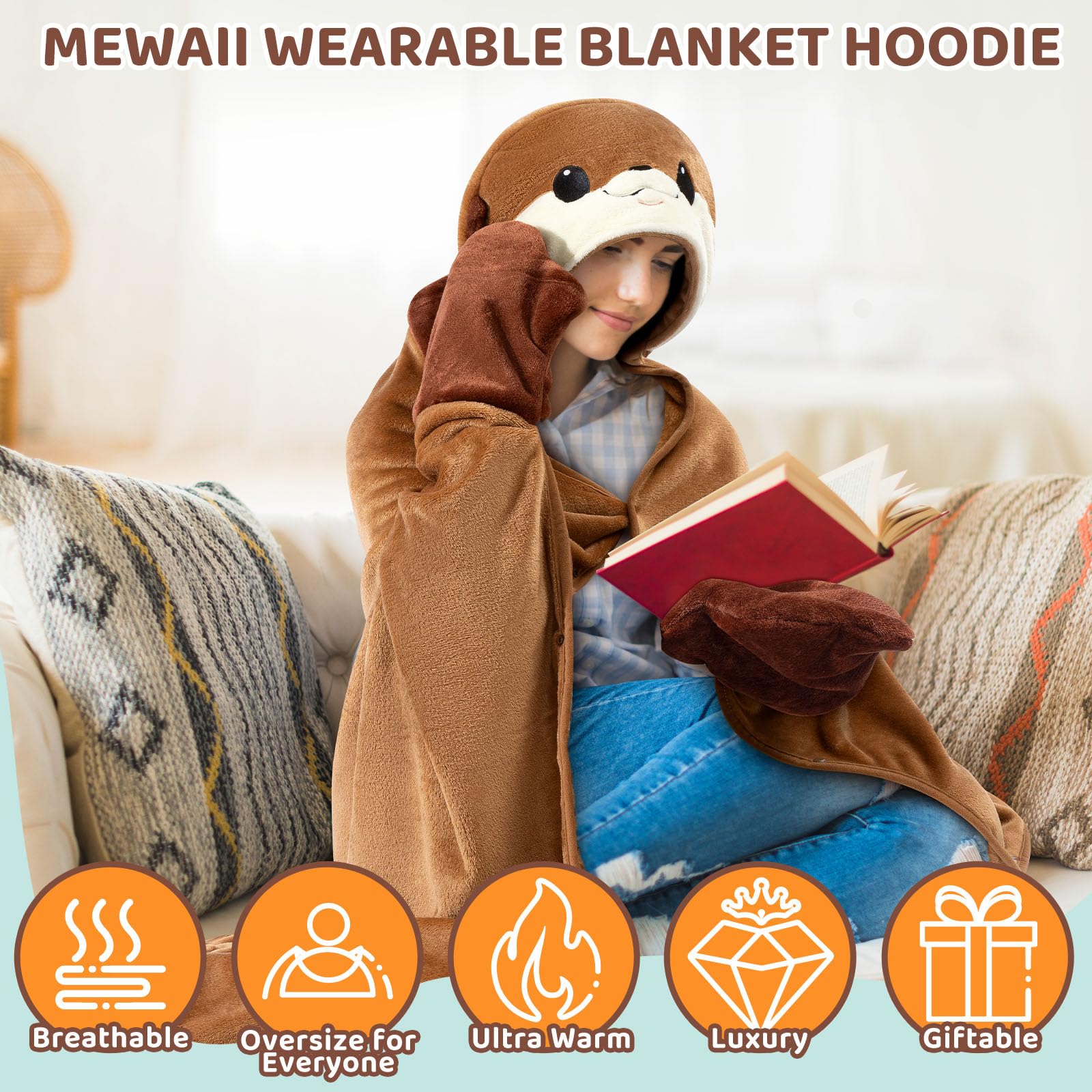 Mewaii Otter blanket hoodie features plush flannel-sherpa for all-day comfort and versatile use.