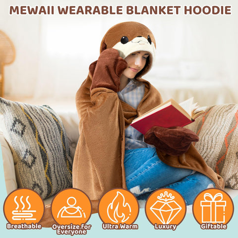 Mewaii Otter blanket hoodie features plush flannel-sherpa for all-day comfort and versatile use.