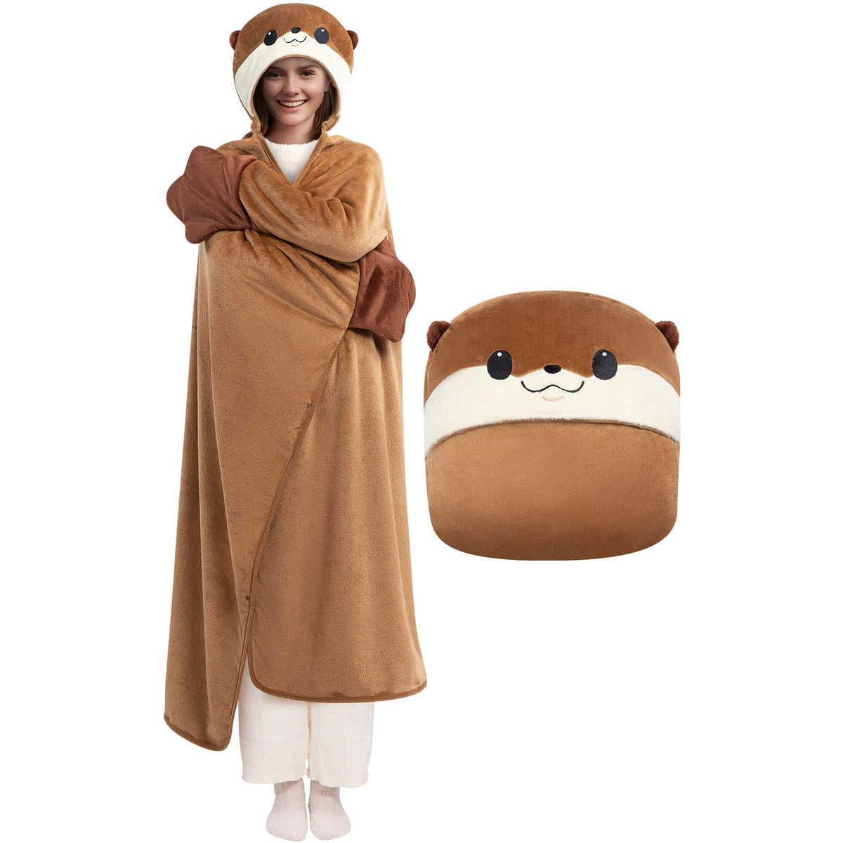 Mewaii Ultimate Softness Otter Hoodie Blanket on model for cozy lounging and warm comfort.