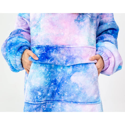 Mewkou cozy lounge at home scene with galaxy hoodie