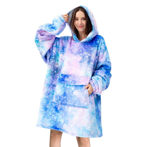 Mewkou Galaxy wearable blanket hoodie front view shows cozy warmth for lounging