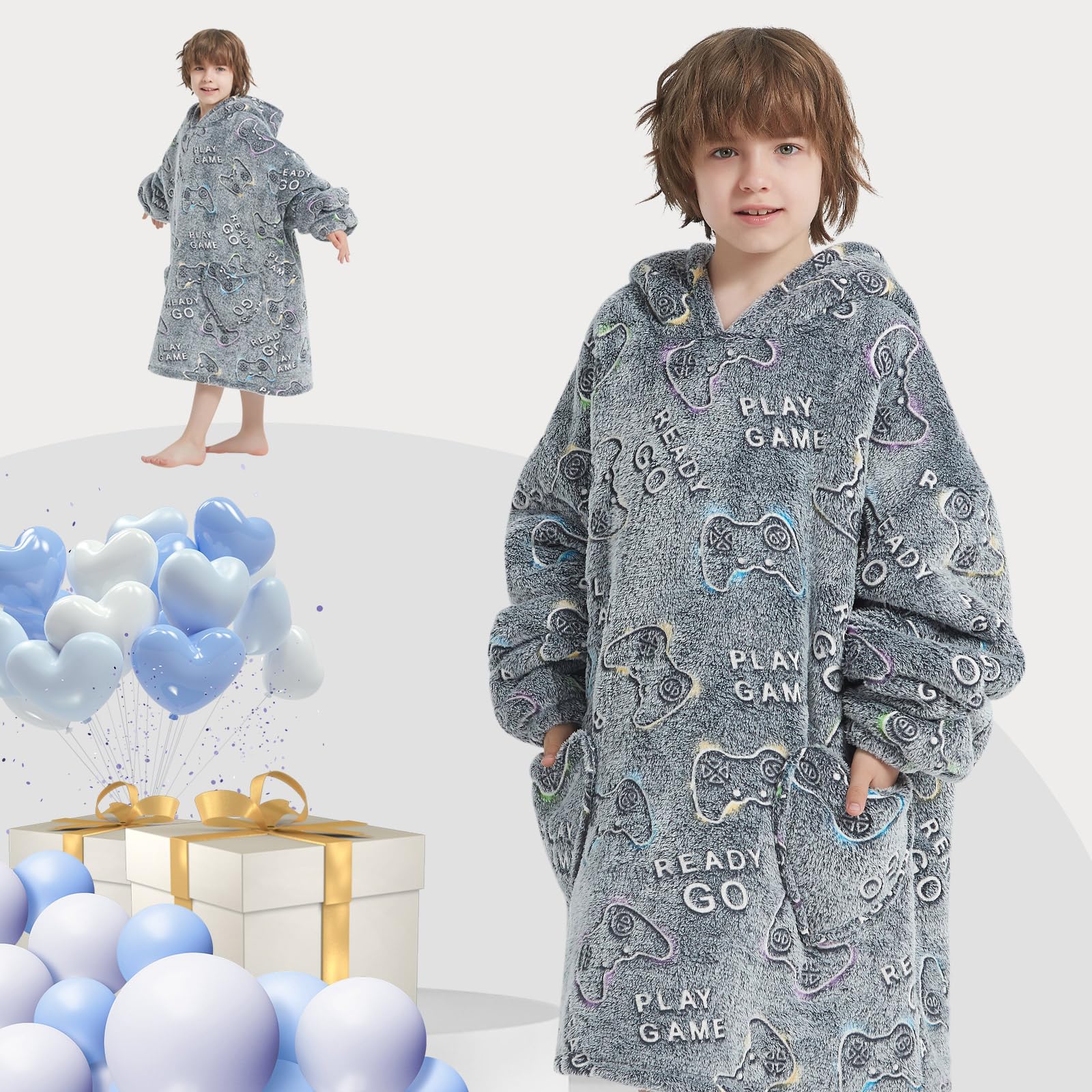 Mewkou kids wearing the blanket hoodie while watching TV
