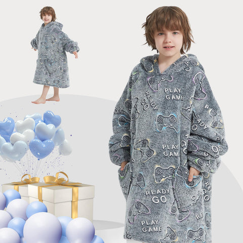 Mewkou kids wearing the blanket hoodie while watching TV