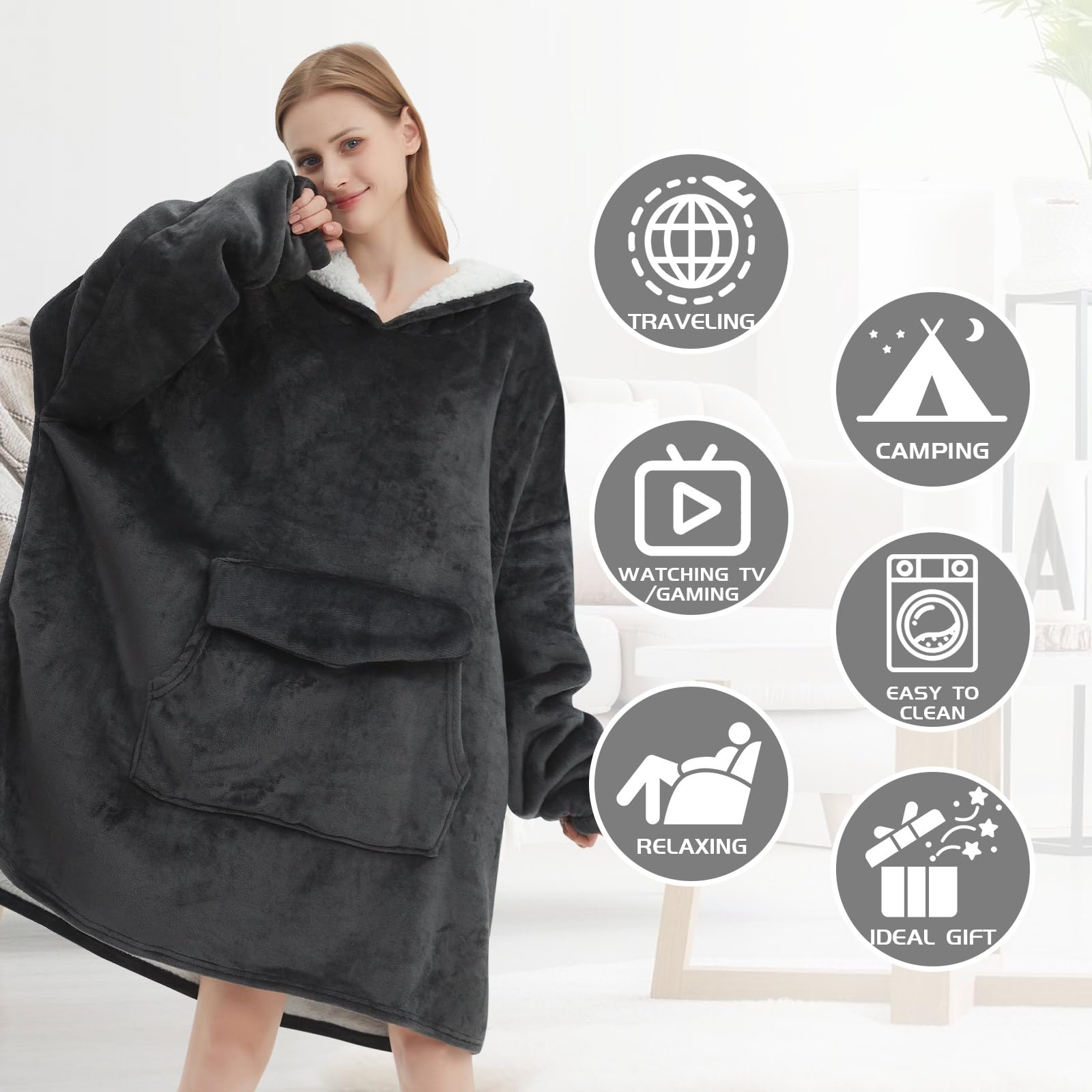 Mewkou wearable blanket hoodie back view showing relaxed, universal fit.