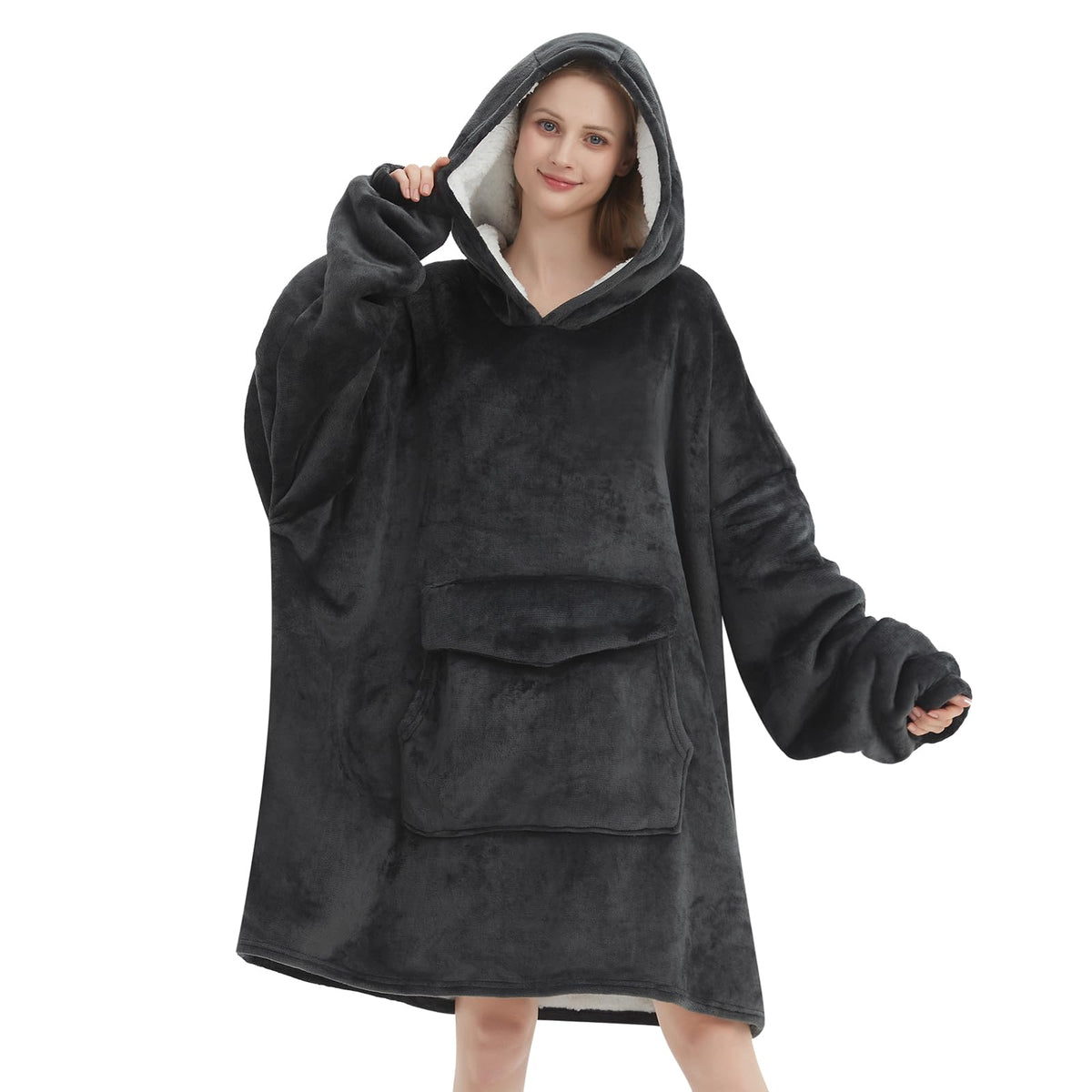 Mewkou wearable blanket hoodie front view with plush sherpa for home warmth.