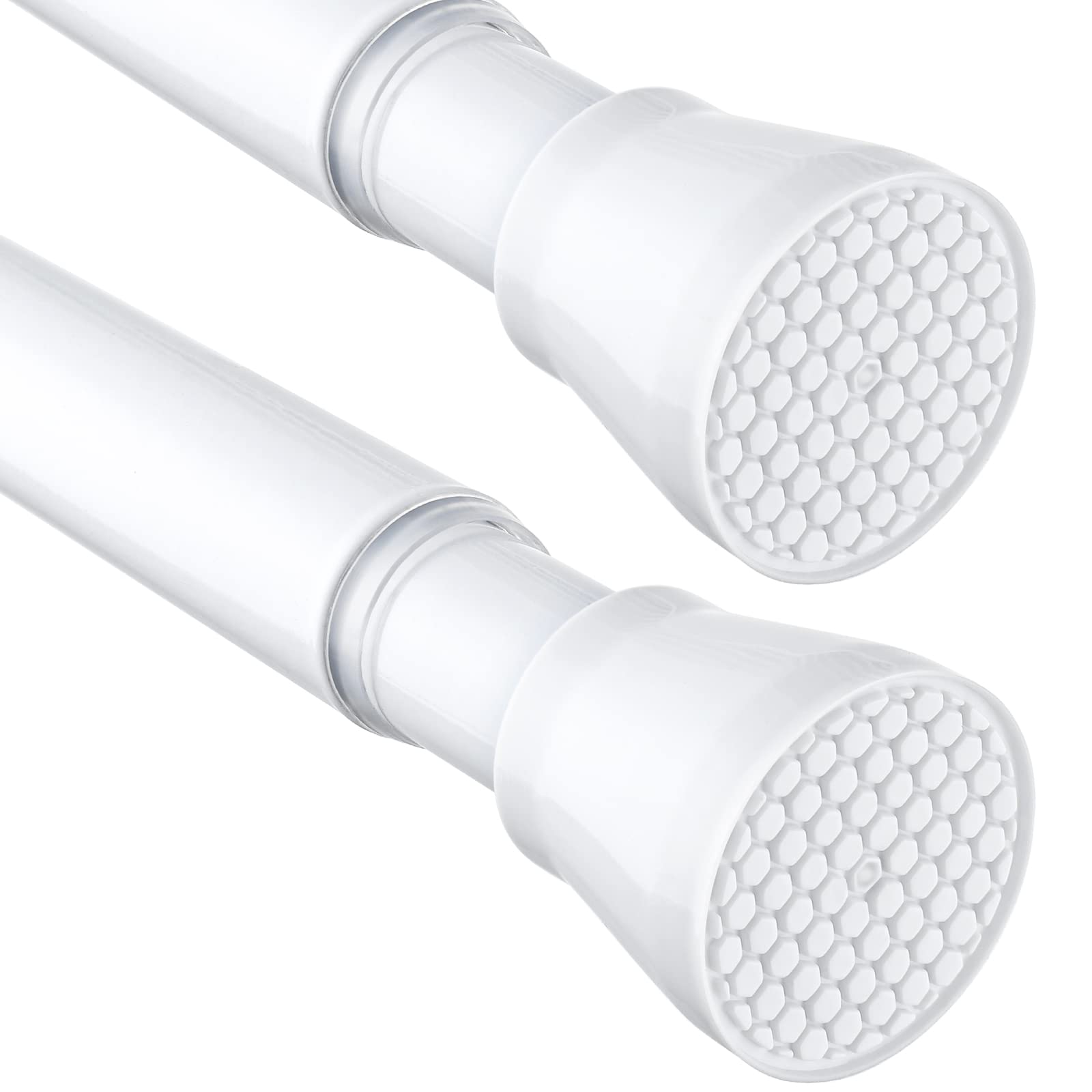MEXAU 2-pack white tension curtain rod packaging shows easy no-drill setup.