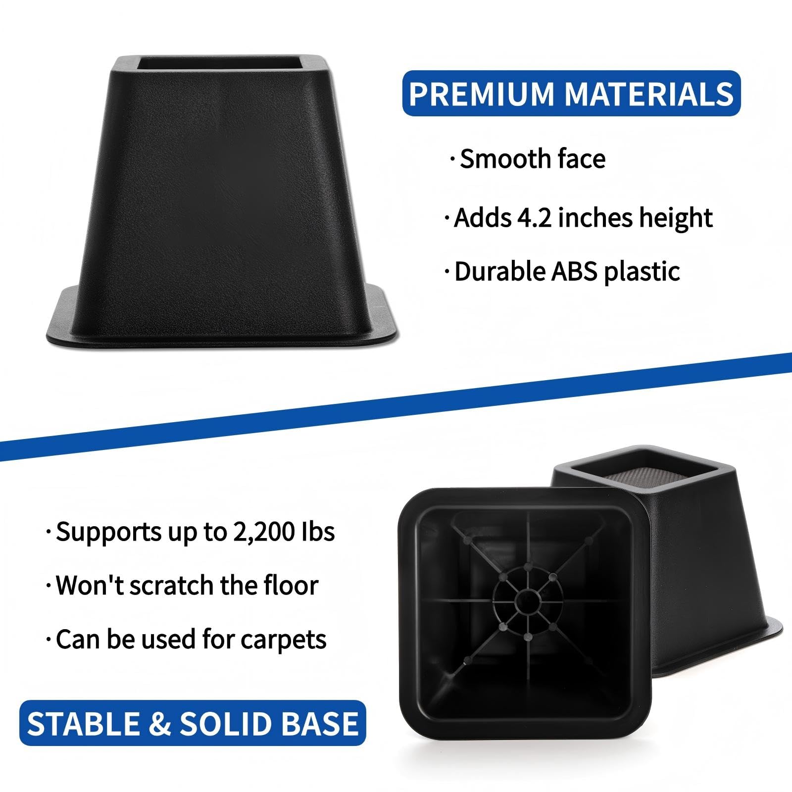 Mezchi bed risers provide 2,200 lbs capacity when used as a set.