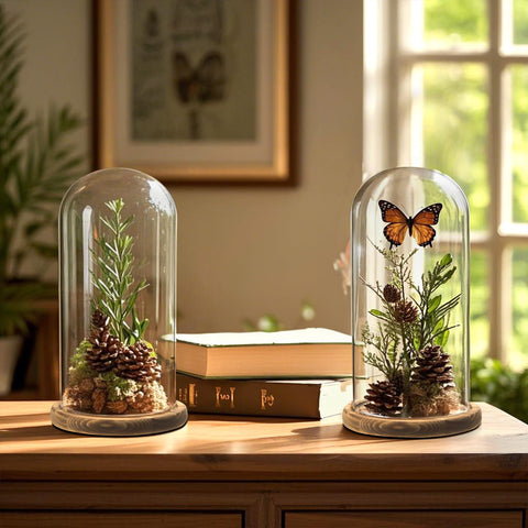 Mezzi two-pack cloche display dome showcases paired arrangements and keepsakes.