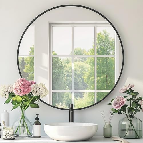 Mfring round black mirror 30-inch reflecting natural light and room depth