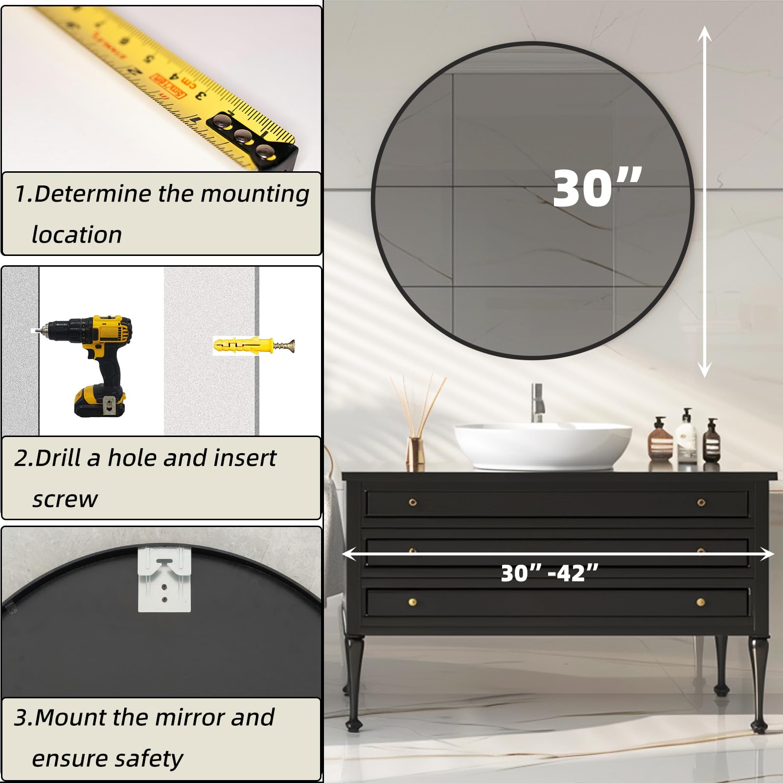Mfring round black mirror in bathroom vanity setup for daily grooming