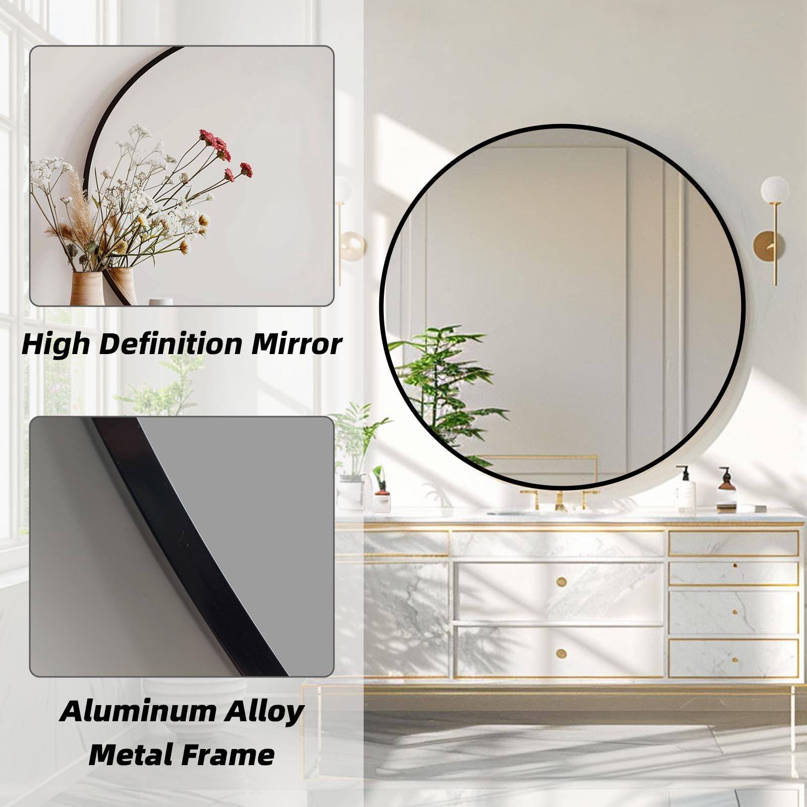 Mfring round black mirror with durable metal frame resists moisture in bathrooms