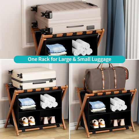 MHACVVO luggage rack with four compartments keeps shoes and clothes organized