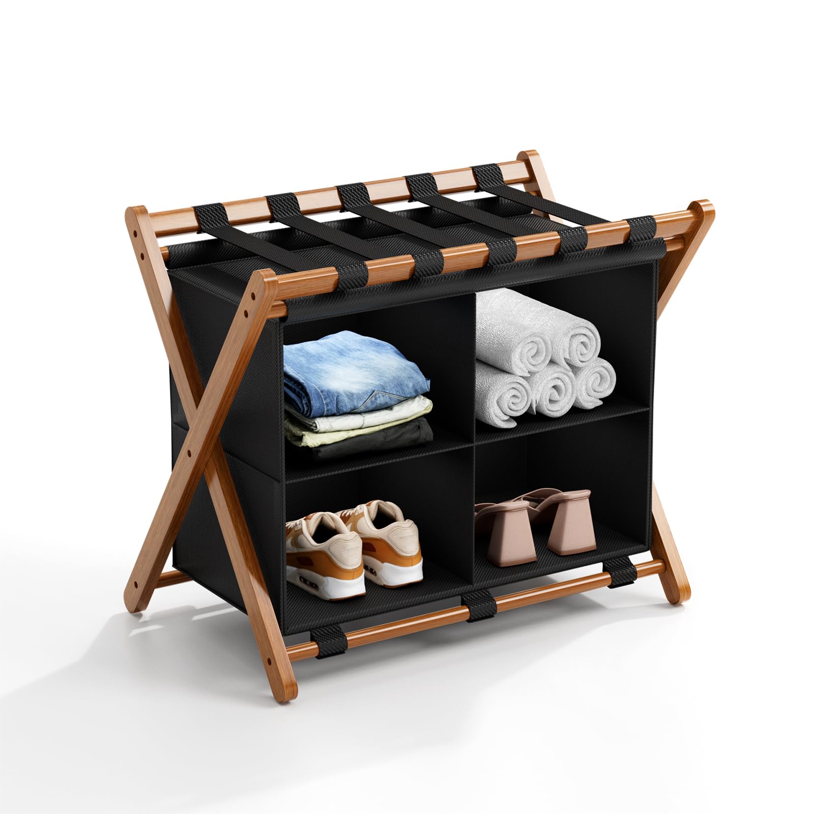 MHACVVO bamboo luggage rack top view shows stable support for luggage