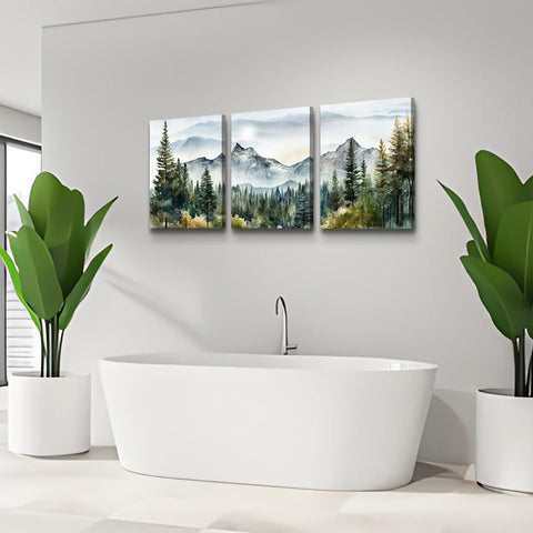 MHARTK66 3panel landscape ink painting forest mountains adds depth and texture.