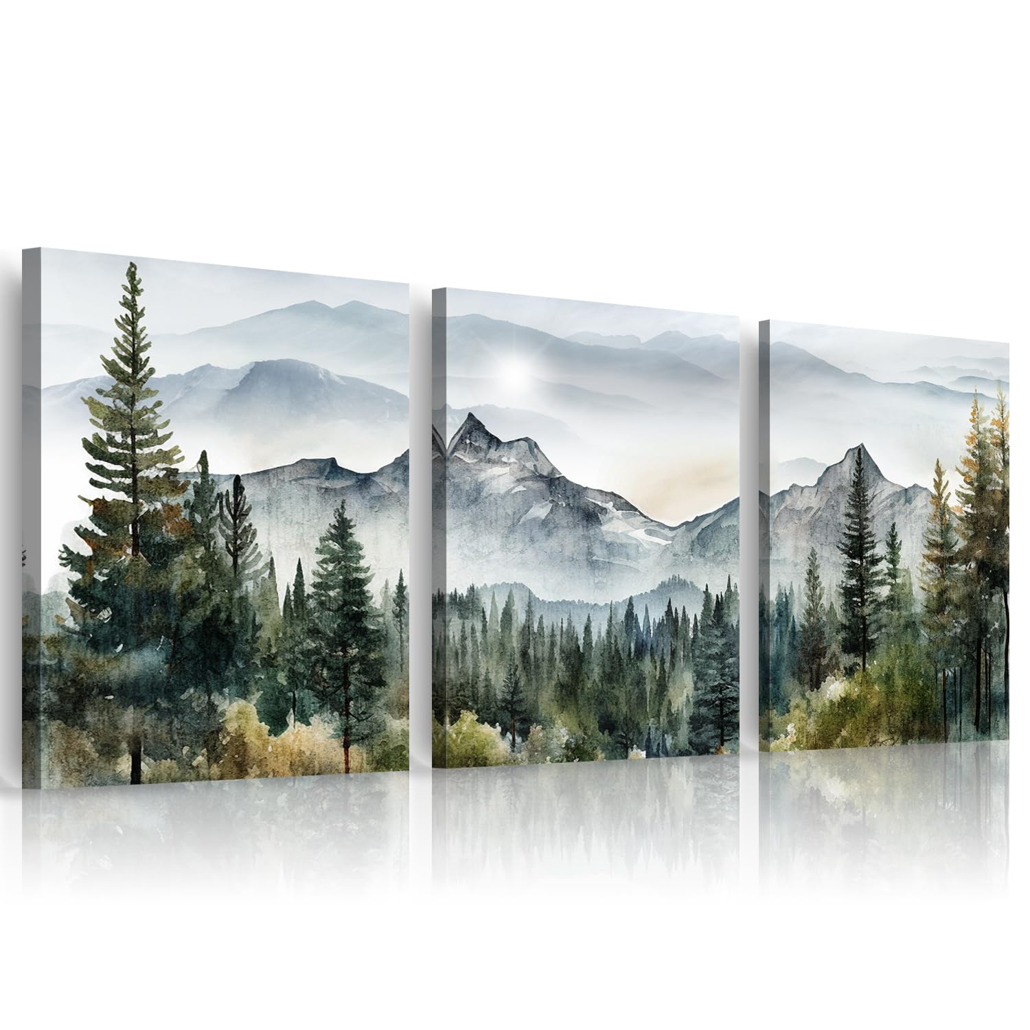 MHARTK66 wall art 3piece forest mountain ink painting for a living room focal point.