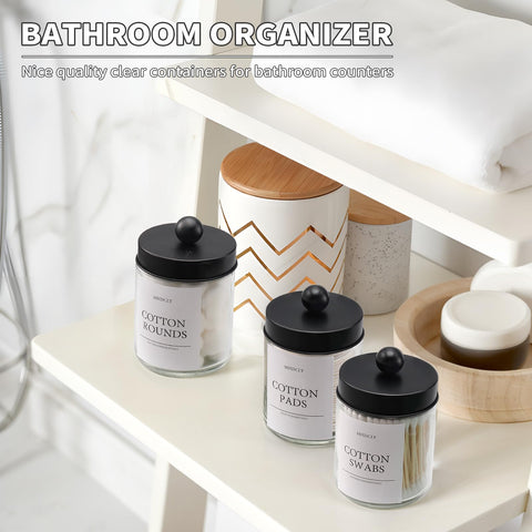 MHDCLY qtip dispenser 10oz with black lid in a sleek storage setup
