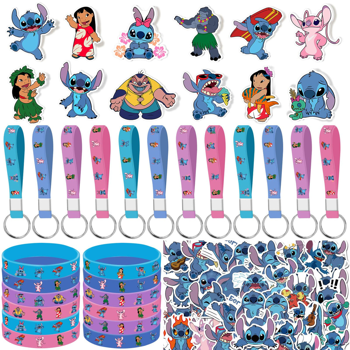MIAHOME Stitch 86pcs gifts set, front view with colorful Stitch designs for party favors.