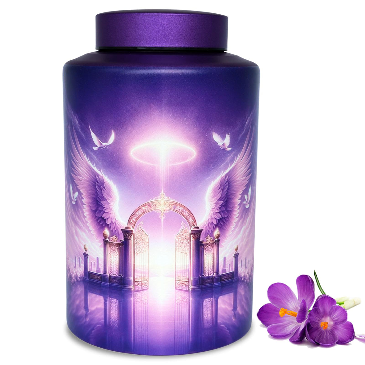Mianachilu Gate of Heaven urn front view showing elegant stainless steel design for home display