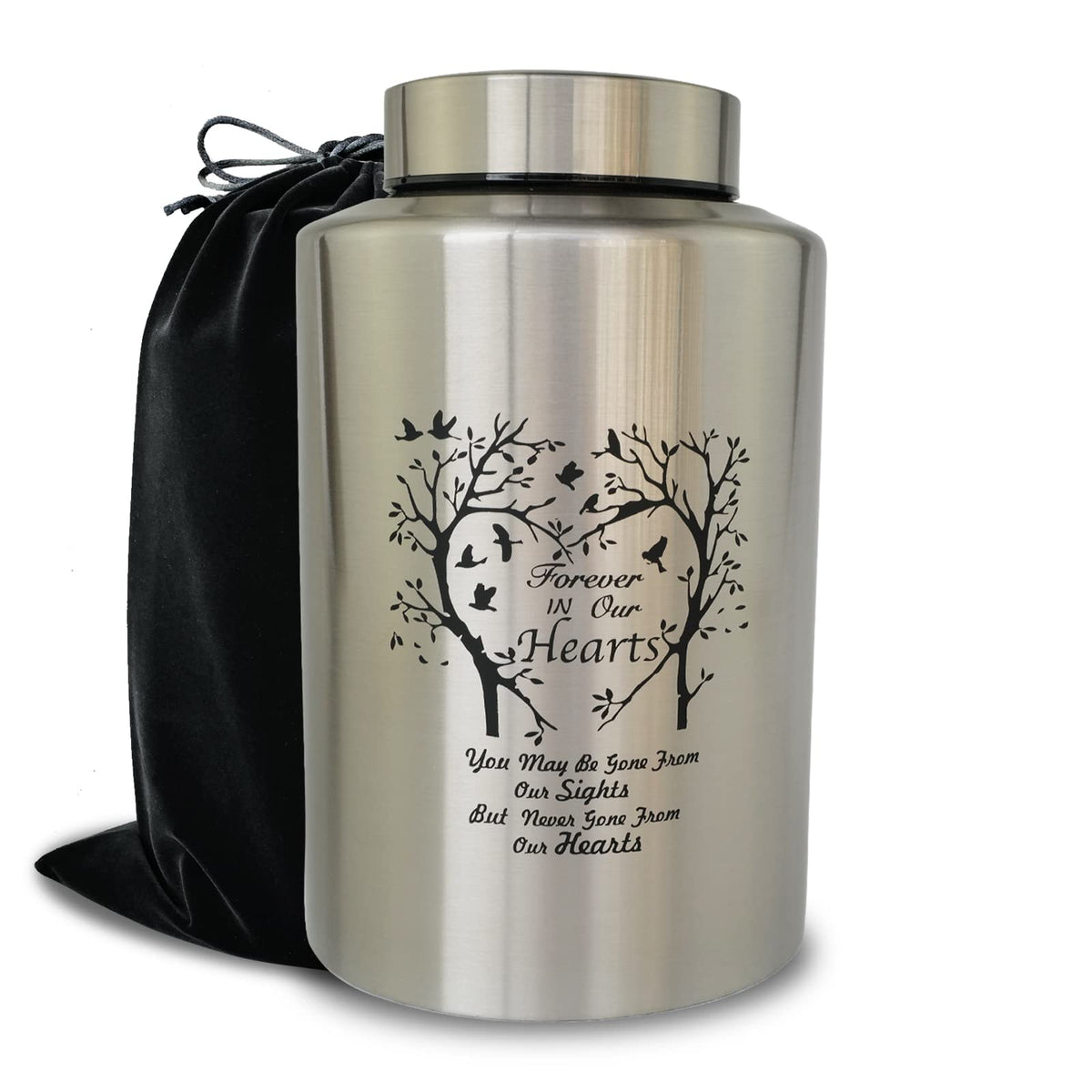Mianachilu tree-of-life urn in stainless steel offers a durable remembrance.