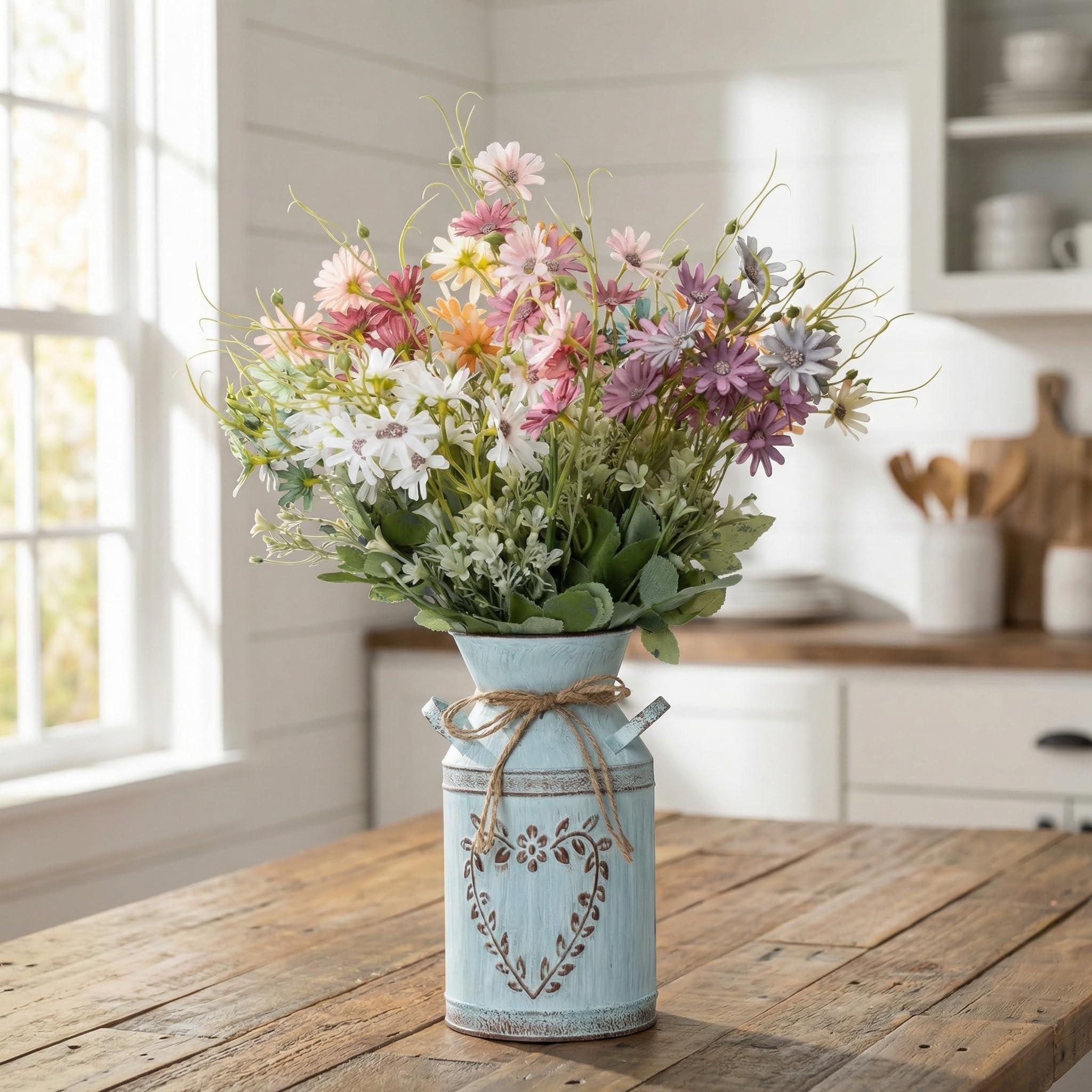MiaTen multicolor daisy arrangement in a galvanized vase with rope accents.