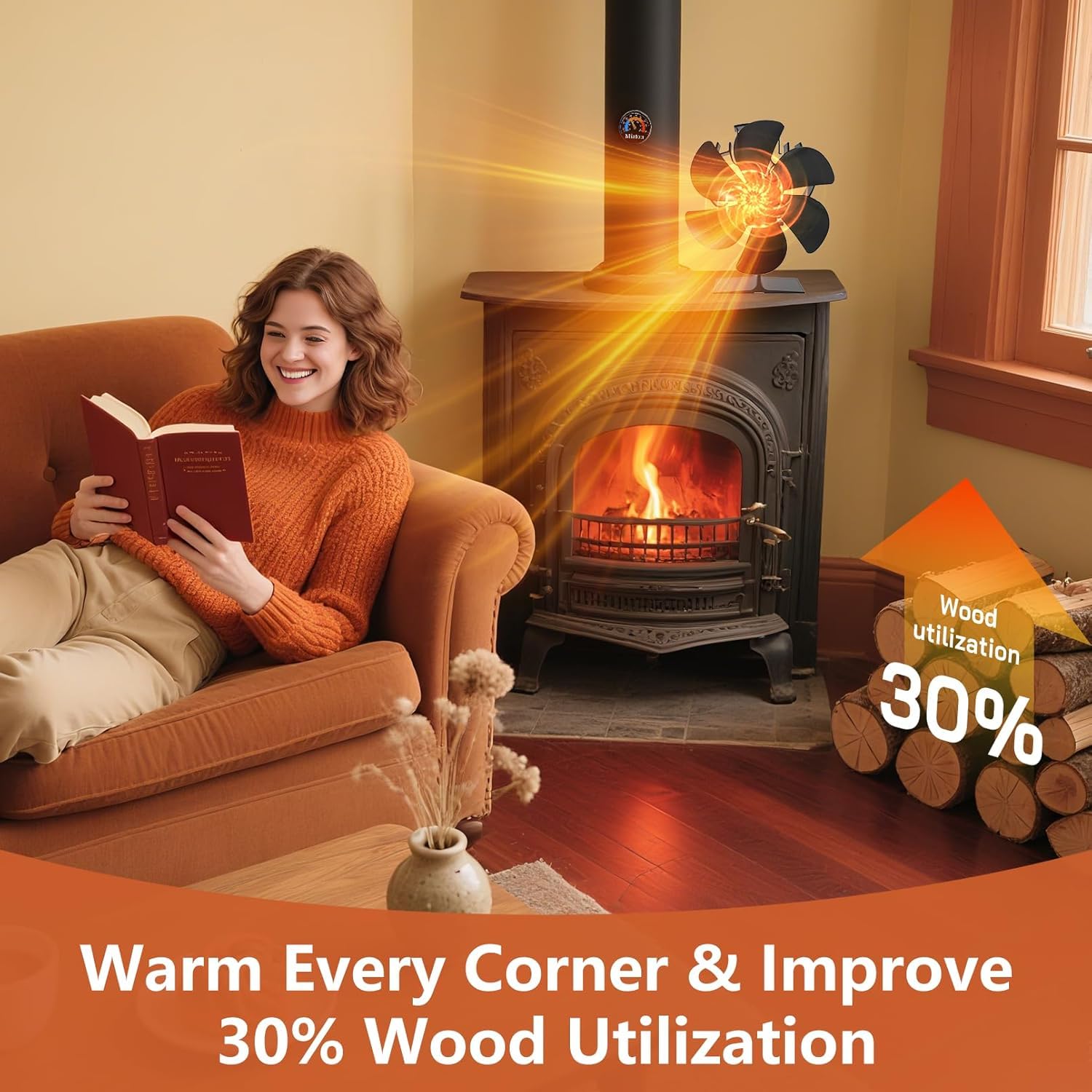 Miaton thermoelectric stove fan in motion distributes warm air quietly