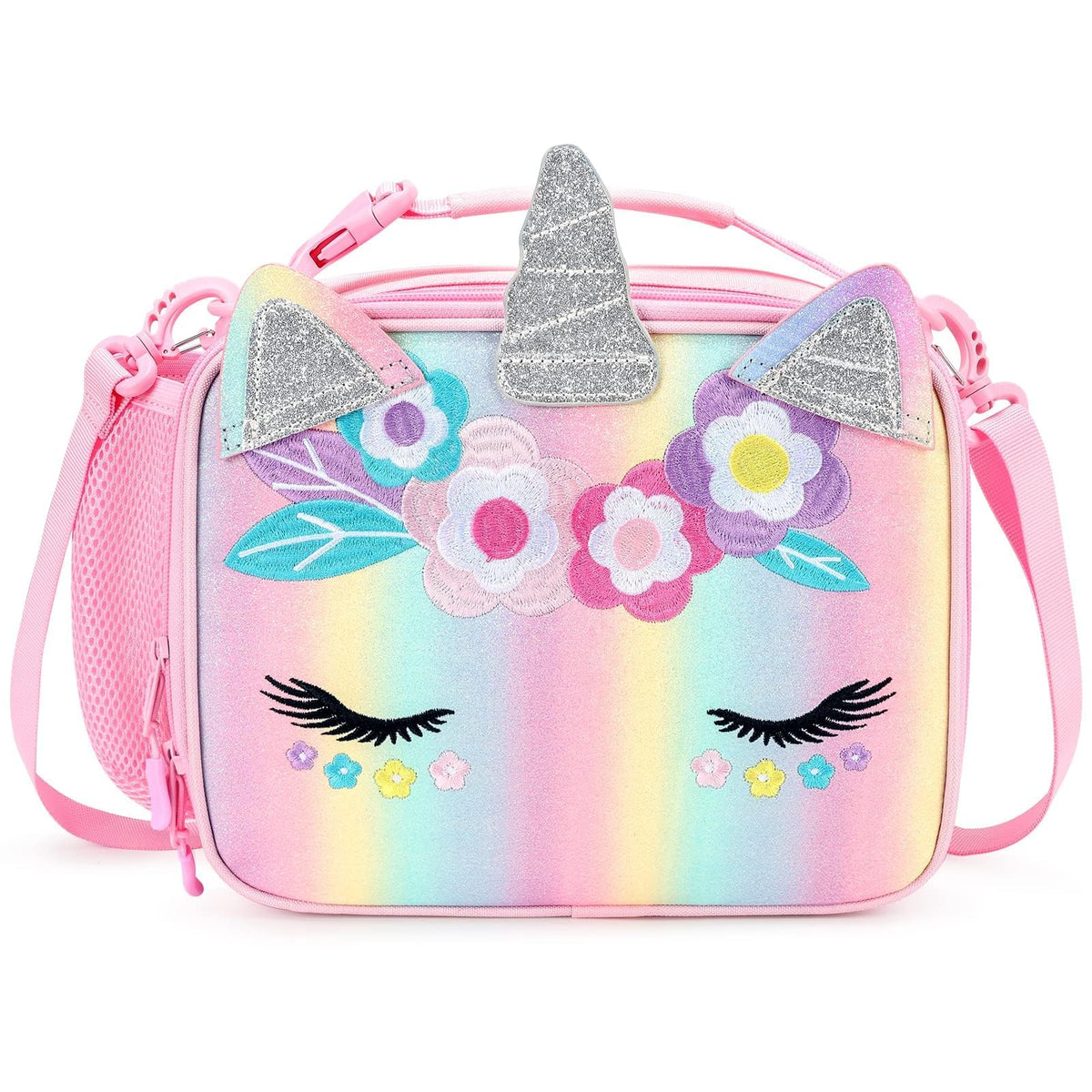 mibasies unicorn lunch bag front view with rainbow glitter for kids' lunchtime style