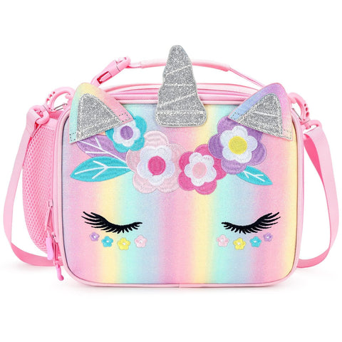 mibasies unicorn lunch bag front view with rainbow glitter for kids' lunchtime style