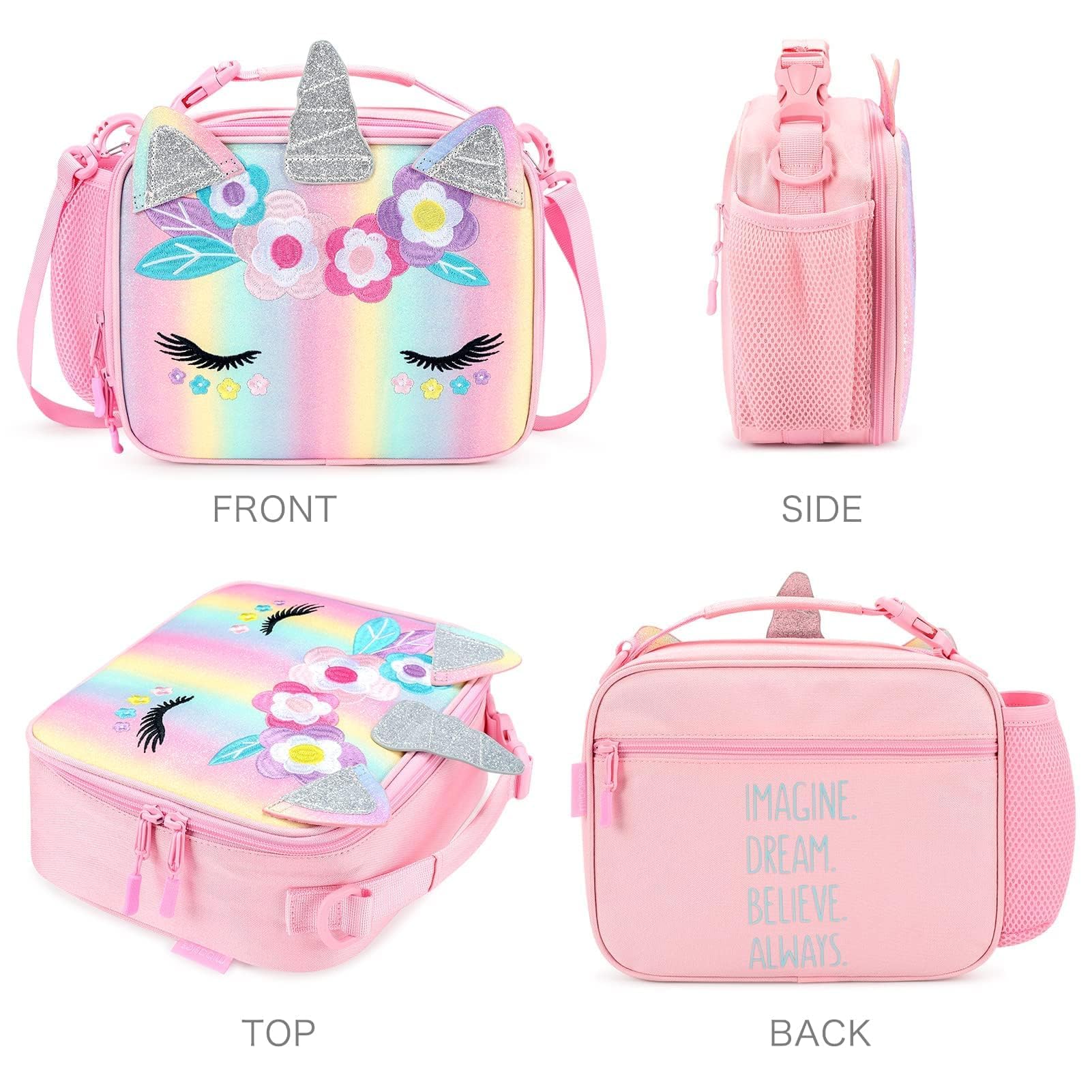 mibasies unicorn lunch bag adjustable detachable shoulder strap for hands-free carrying