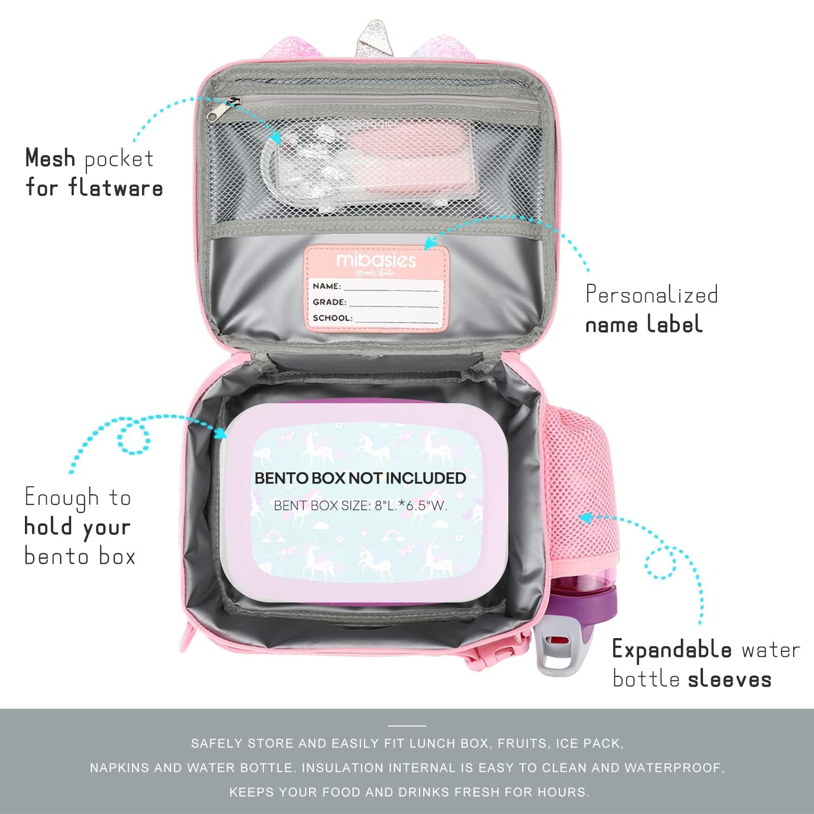 mibasies unicorn lunch bag side pocket holds water bottle securely