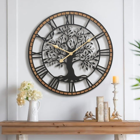 Micasso Farmhouse 24inch tree of life clock front view, bold living room centerpiece.
