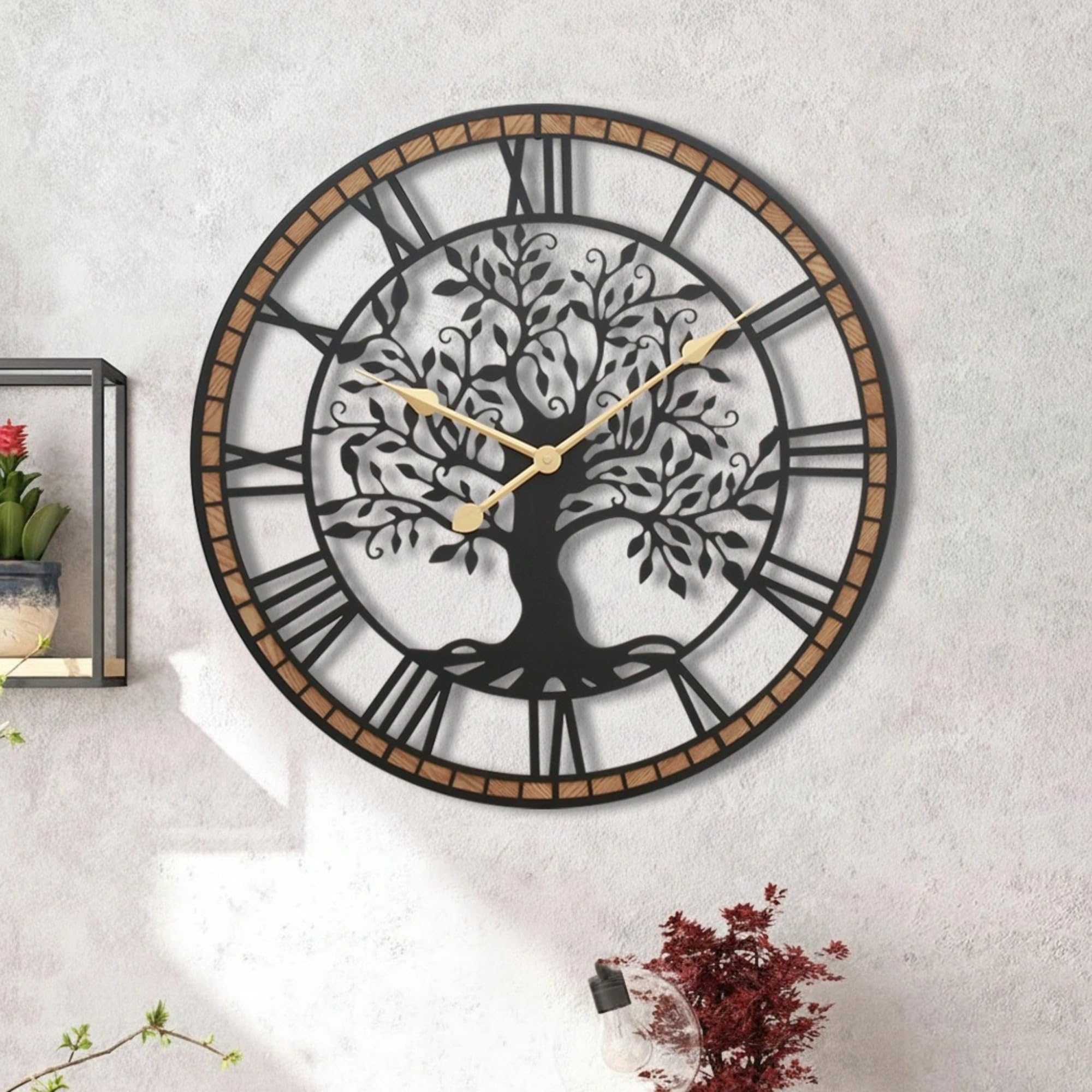 Micasso Farmhouse clock with pre-drilled hooks for easy mounting.