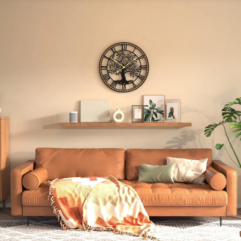 Micasso 24inch clock with tree of life motif as focal decor above fireplace.