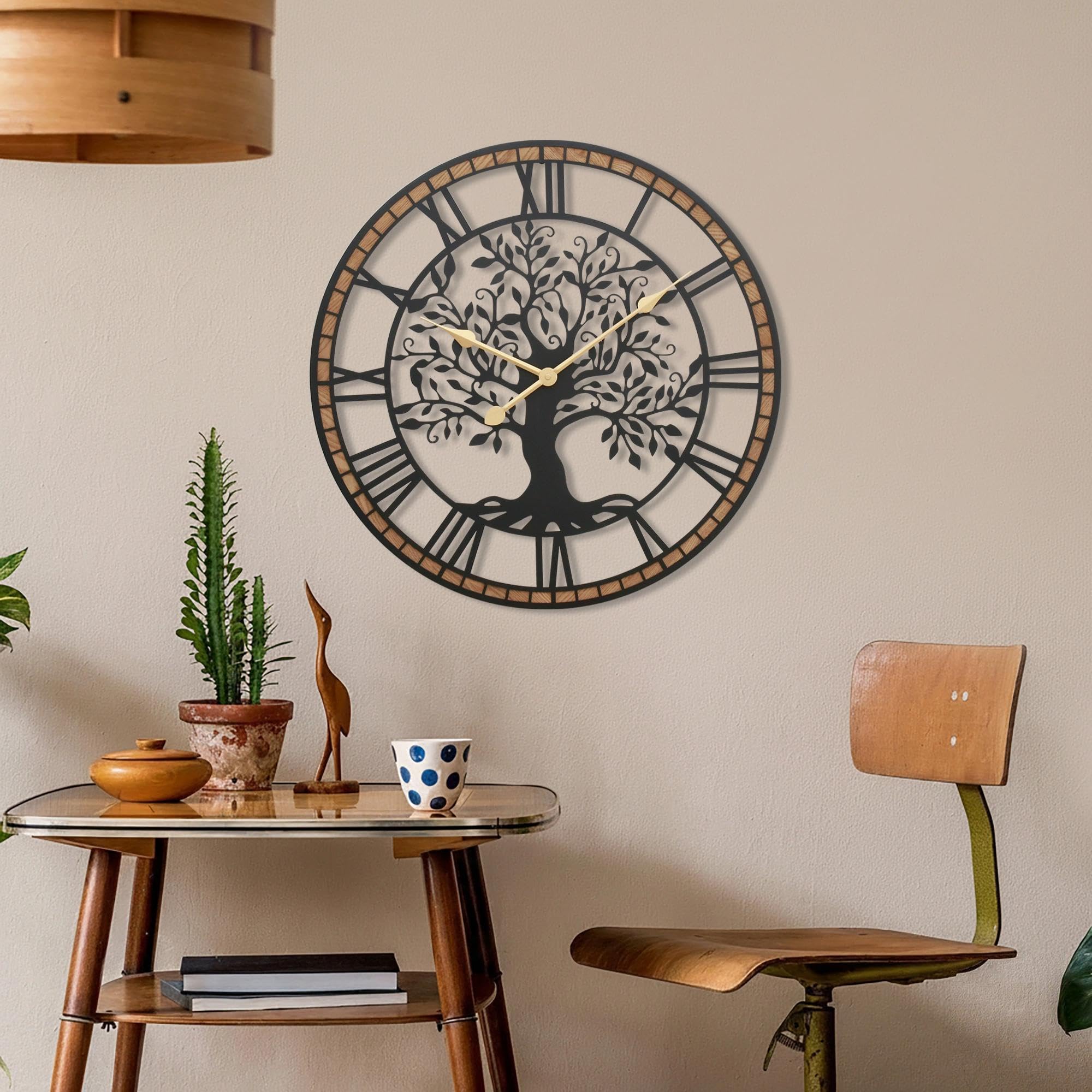 Micasso tree of life clock, bold Roman numerals enhance ambiance.