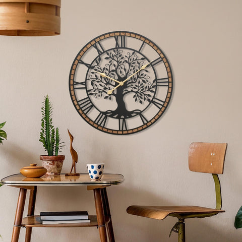 Micasso tree of life clock, bold Roman numerals enhance ambiance.