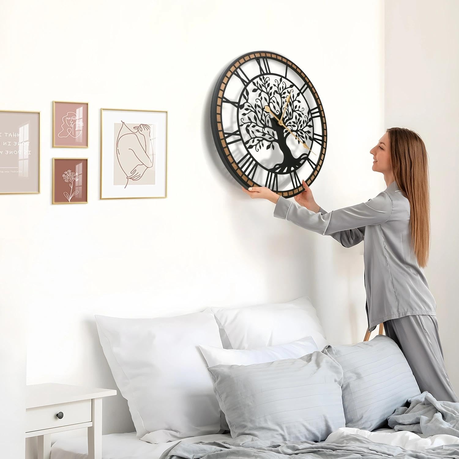 Micasso clock wood frame and metal border for vintage charm on any wall.