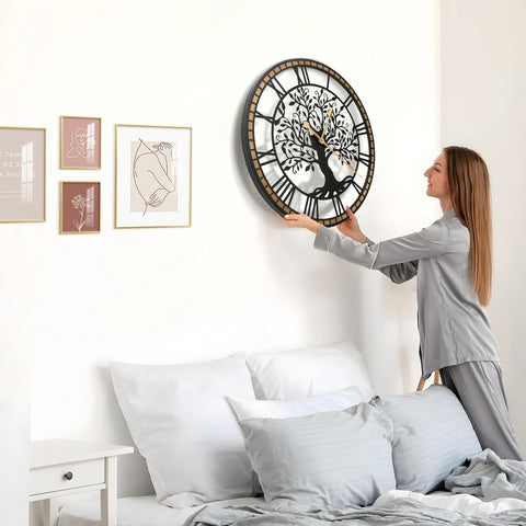 Micasso clock wood frame and metal border for vintage charm on any wall.