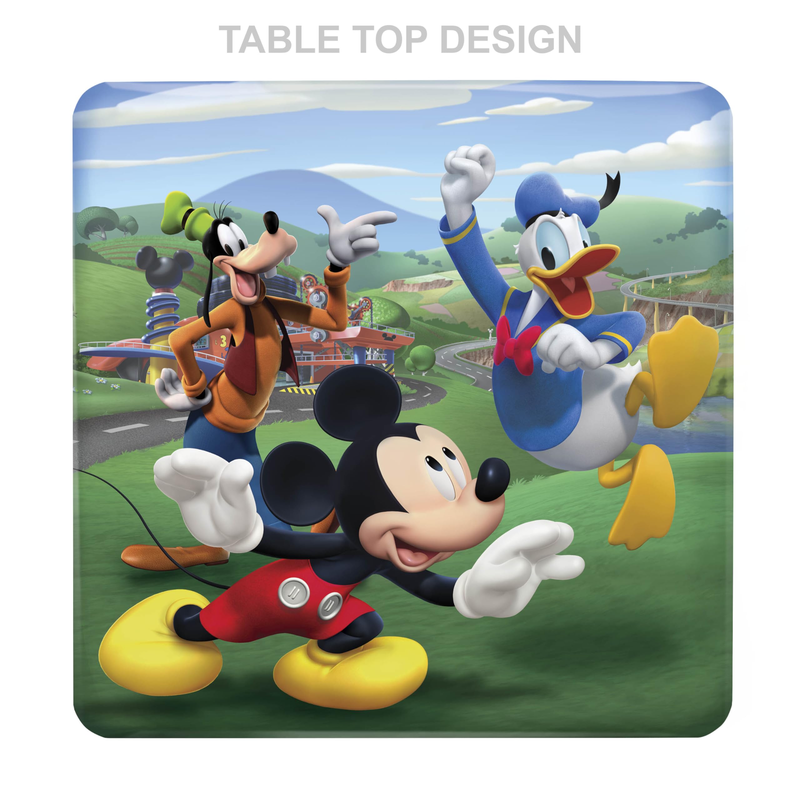 Mickey Mouse chair close-up highlighting padded seat and secure lock
