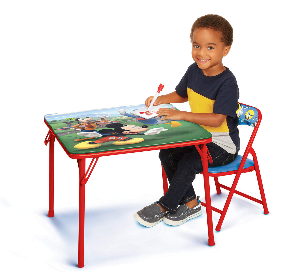 Mickey Mouse table and chair set during assembly showcasing sturdy frame for quick setup