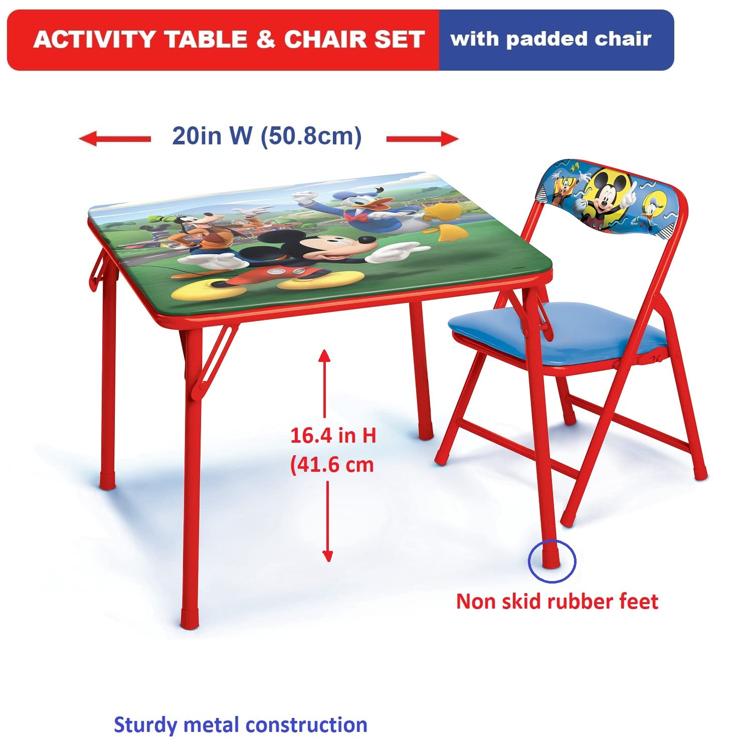 Mickey Mouse table surface with washable vinyl for easy cleanup after meals or art