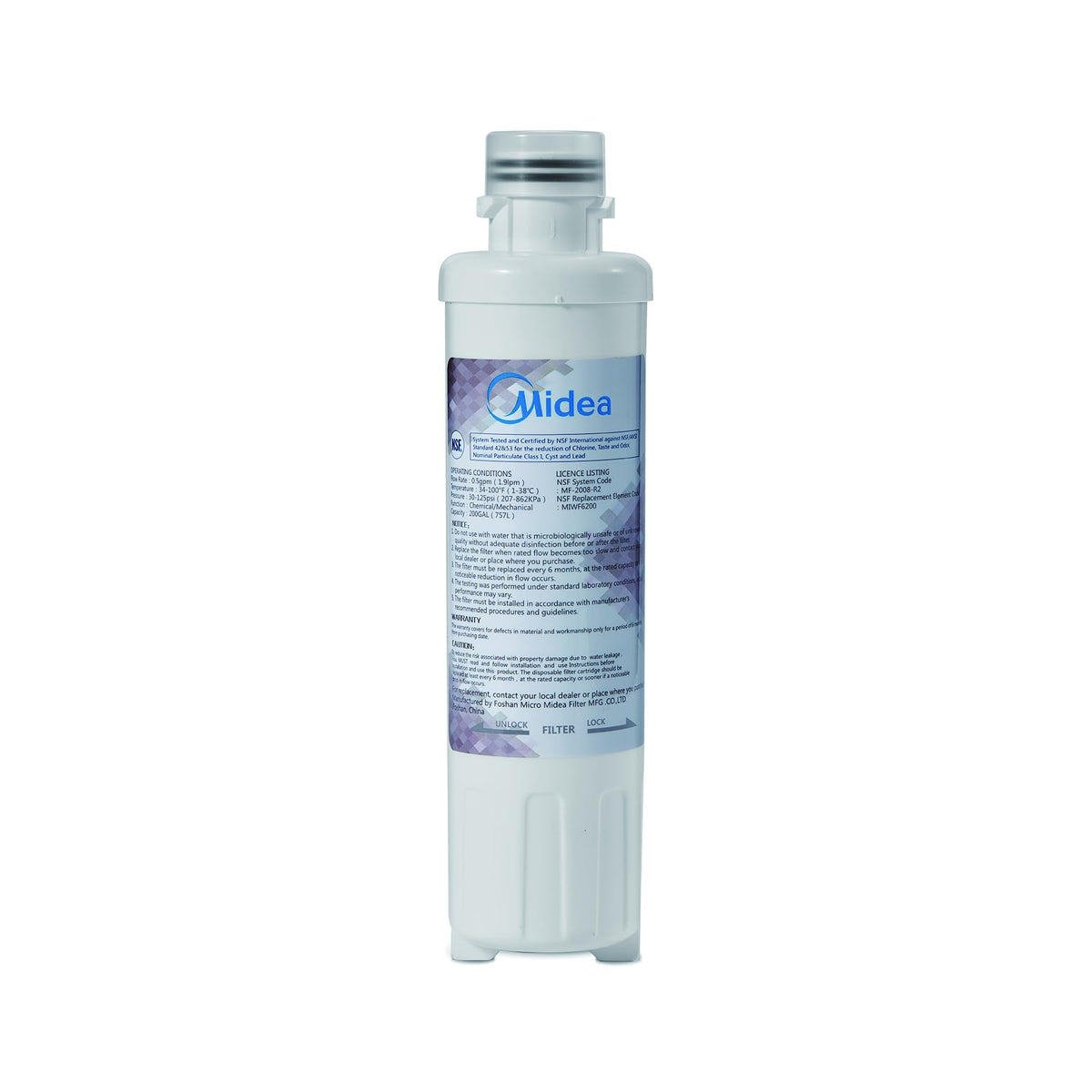 Midea MIWF6200 twist-in filter installed in a side-by-side fridge for easy filtration.