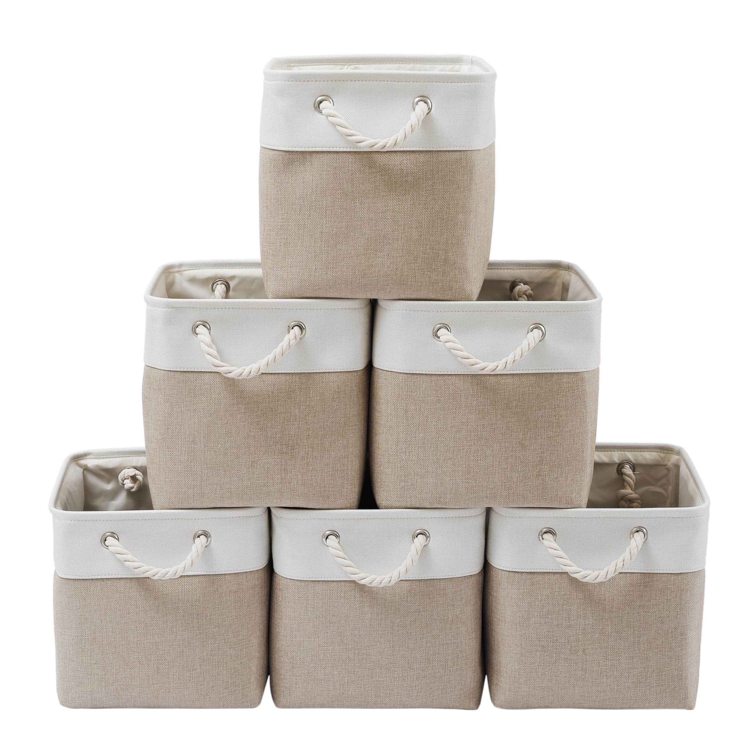MidmmVick 13x13 cube storage bins in white and beige, six-pack for organized closets.