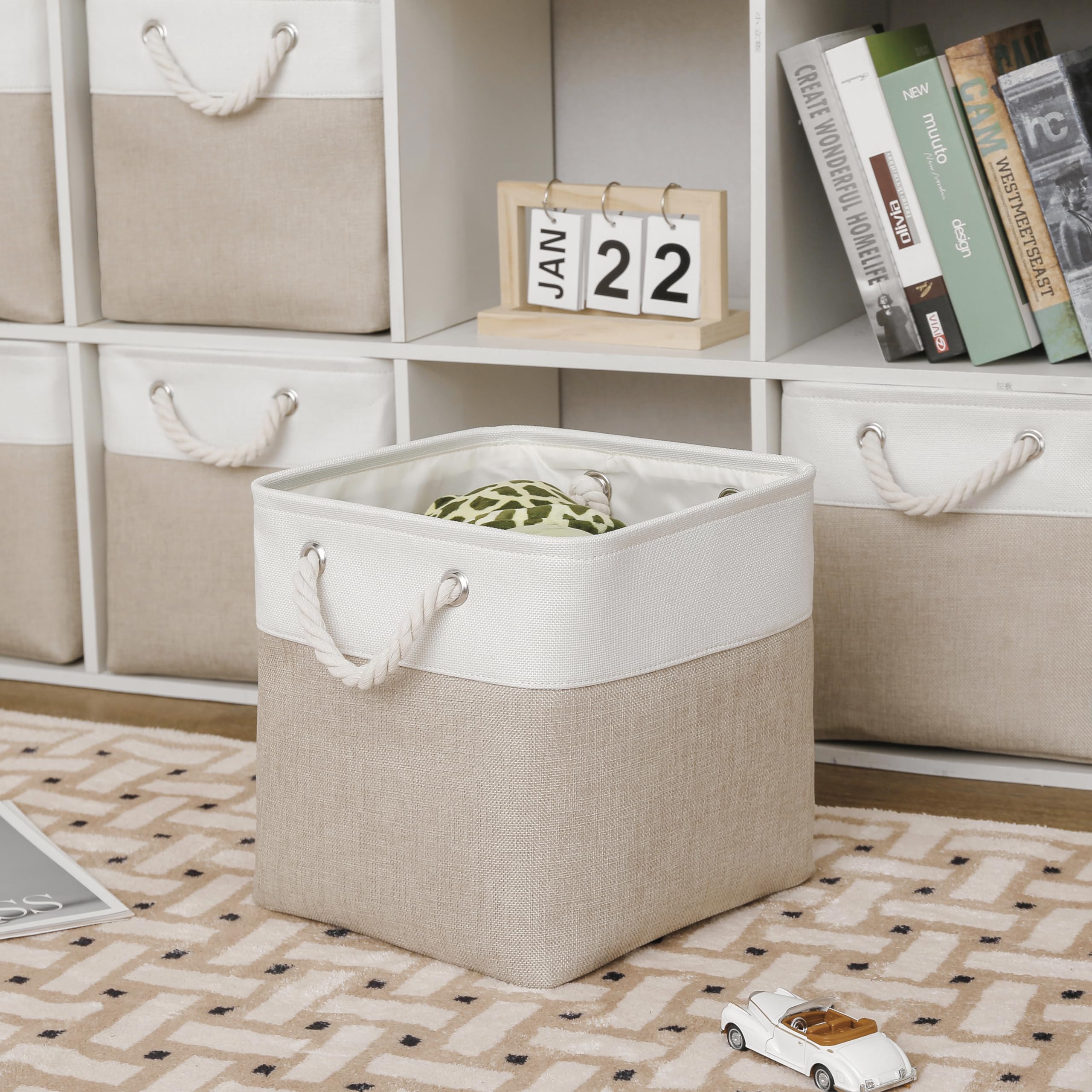 Collapsible storage baskets shown flat for compact storage when not in use.
