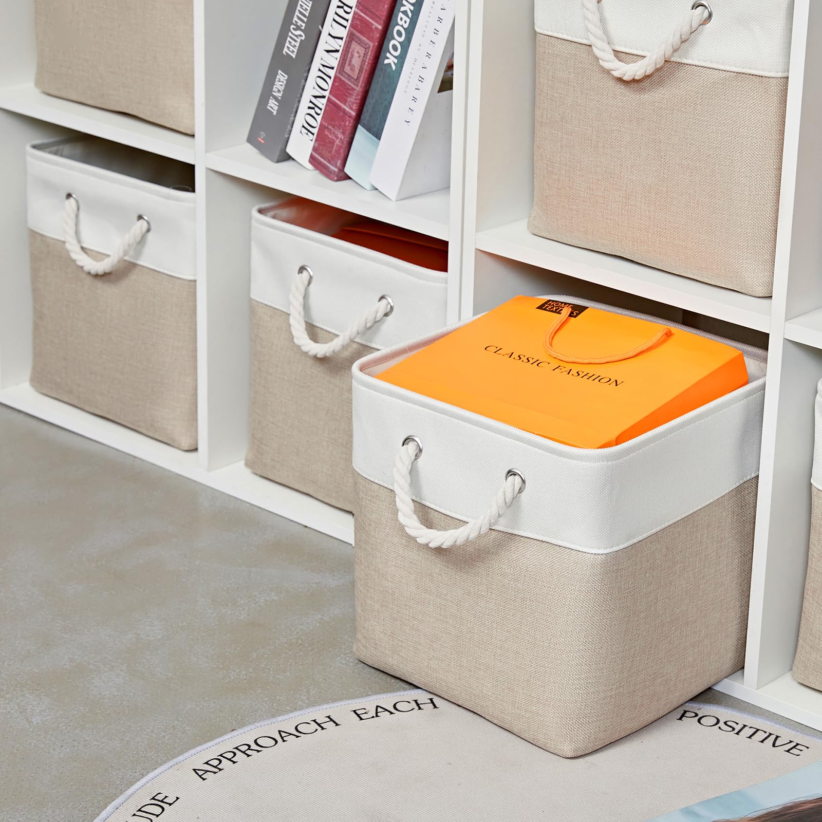 White and beige MidmmVick bins brighten closets while keeping items tidy.
